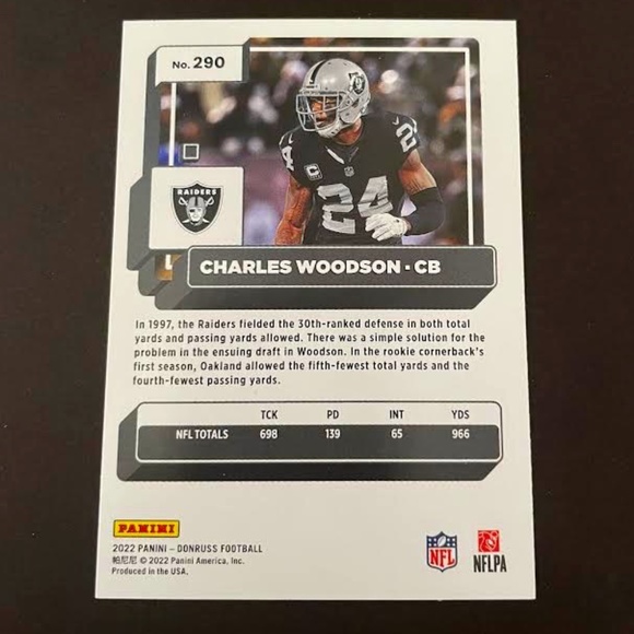 Charles Woodson: Oakland Raiders, Cornerback 2022 Panini Donruss Football #290 - Picture 2 of 2
